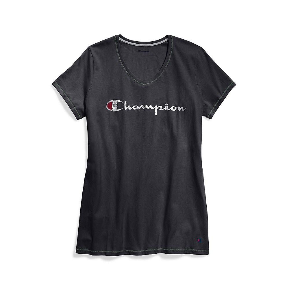 Champion T-Shirt Femenino Plus V Neck Tee Graphic Oxford Gray Black