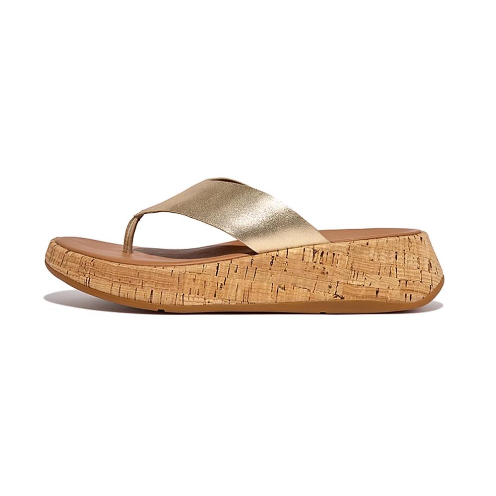 FitFlop Sandalias Femenino F-Mode Leather/Cork Flatform Toe-Post Sandals Platino